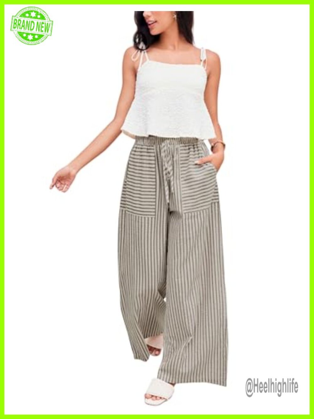 Yeokou Women's Cotton Wide Leg Palazzo Trousers Drawstring Striped Casual Pants